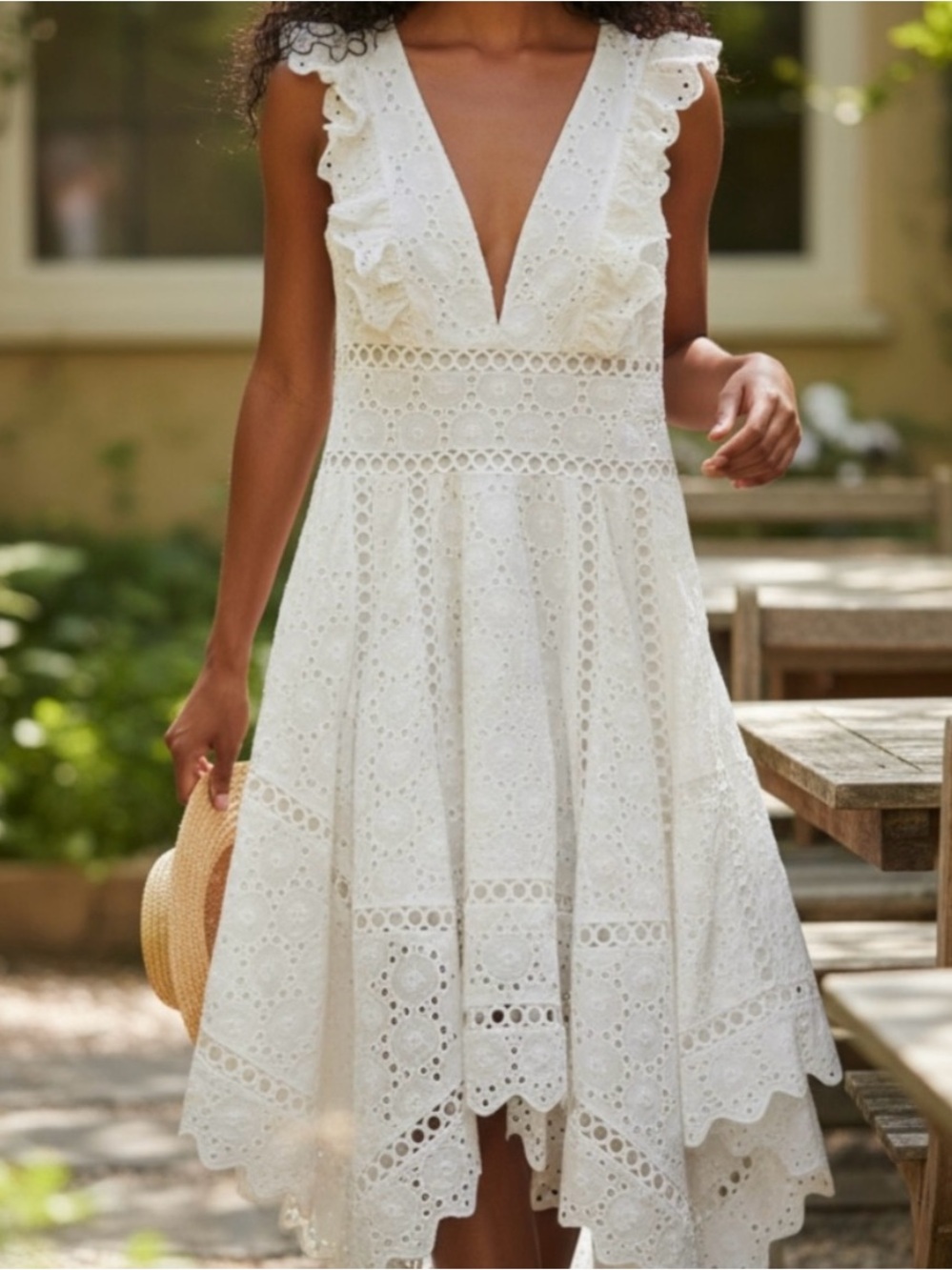 Few Moda 100% Cotton Ruffle Eyelet Midi Dress Size Small • Fit and Flare V- Neck